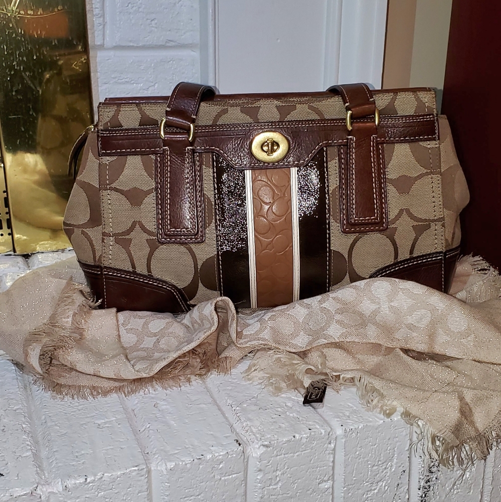 Coach Brown Signature Logo Canvas Tan Leather Stripe Shoulder Bag